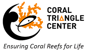 Logo for Coral Triangle Center showing a stylized black circular wave with an orange coral and fish, text "Coral Triangle Center" and tagline "Ensuring Coral Reefs for Life."