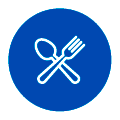 Repas et boissons Une cuillère et une fourchette blanches entrecroisées à l'intérieur d'un bouton circulaire bleu bordé d'une fine bordure blanche.