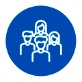 Notre service Groupe de quatre silhouettes d'avatars blancs simplifiées à l'intérieur d'un insigne circulaire bleu, représentant une équipe ou une communauté.