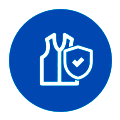 équipement sefy Icône circulaire bleue représentant les contours de deux bouteilles et d'un bouclier orné d'une coche, symbolisant la sécurité ou la protection du produit.