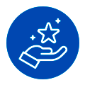 réputation Une main tenant une étoile lumineuse parsemée d'étincelles à l'intérieur d'un insigne circulaire bleu, symbolisant une récompense ou une réussite