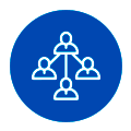 petit groupe Icône circulaire bleue représentant un schéma de réseau blanc avec un utilisateur central relié à trois utilisateurs plus petits.
