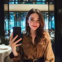 Young woman with long wavy brown hair wearing a brown blouse, smiling and holding a smartphone to take a mirror selfie in an upscale restaurant dining room