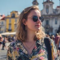 Young woman wearing round sunglasses and floral blouse standing outdoors in a sunny plaza with historic buildings blurred in the background.