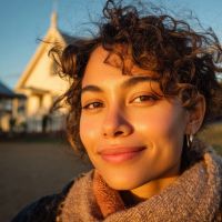 Young person with short curly hair and warm golden-hour light on their face, wearing a scarf and small hoop earrings, slight smile.